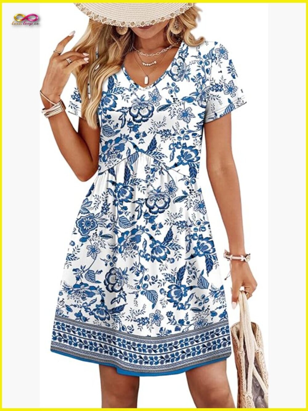 Babydoll Dress V-Neck Short Sleeve A-Line Casual Summer Midi Length Loose Fit